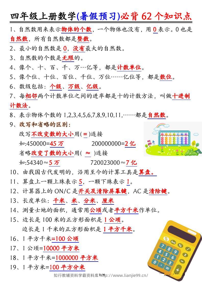 四上数学暑假预习必背62个知识点归纳（4页）-学霸资料库学科资源下载