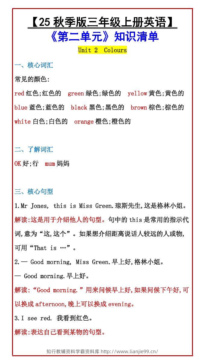 【2025秋新版】【三年级上册英语】《第二单元》知识清单-学霸资料库学科资源下载
