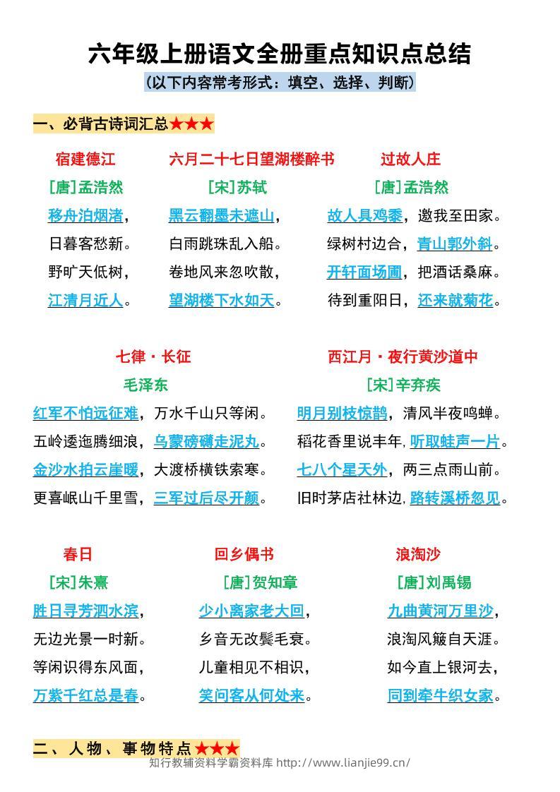 六上语文必背全册重点知识点总结11页-学霸资料库学科资源下载