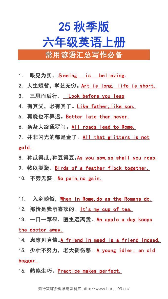 【2025秋新版】六年级上册英语常用谚语汇总写作必备-学霸资料库学科资源下载