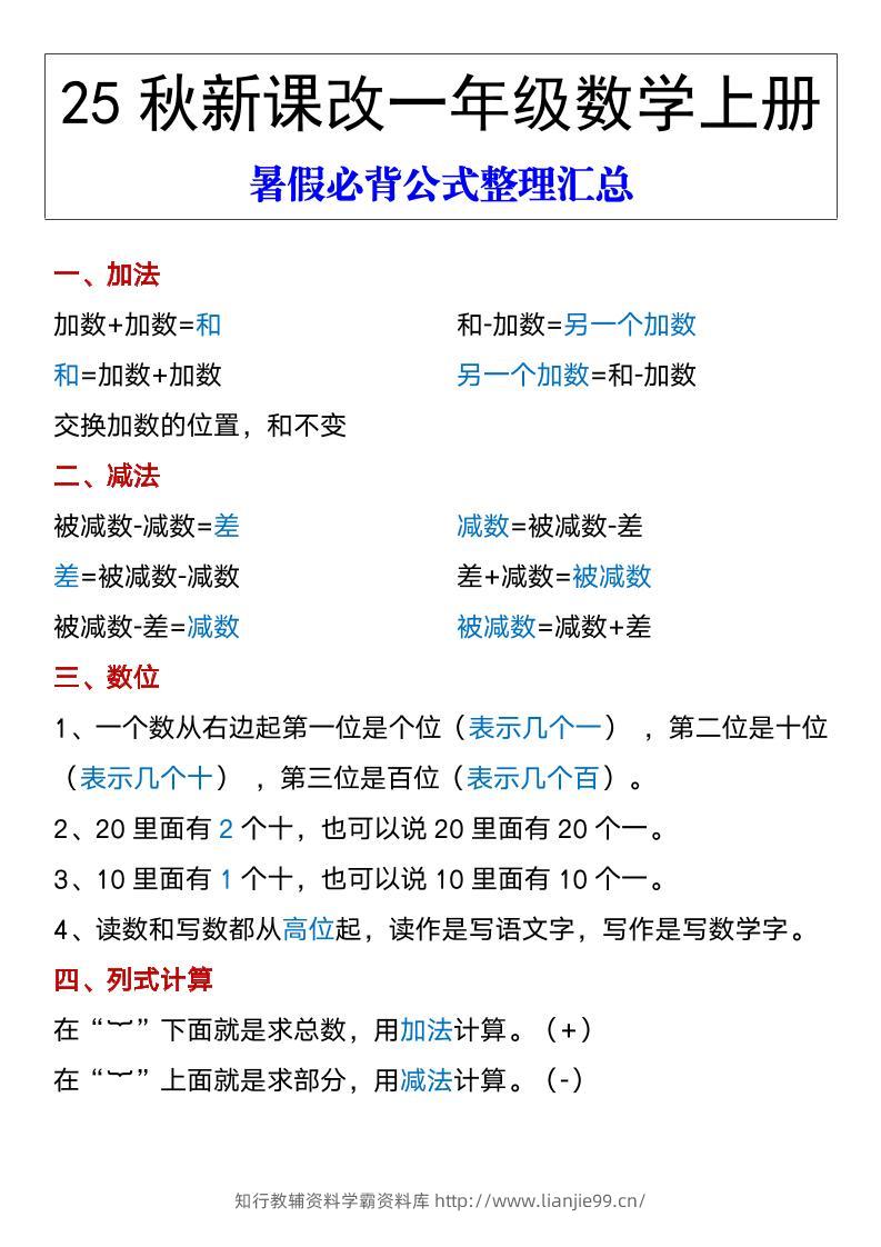 【2025秋新版】一年级数学上册暑假必背公式整理汇总-学霸资料库学科资源下载