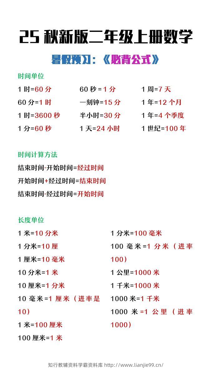 【2025秋新版】二年级上册数学暑假必背公式-学霸资料库学科资源下载