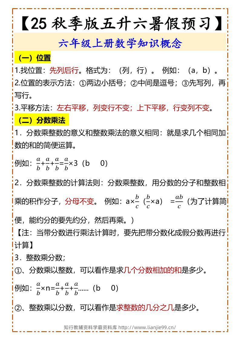 【2025秋新版】【五升六暑假预习】六年级上册数学知识概念-学霸资料库学科资源下载