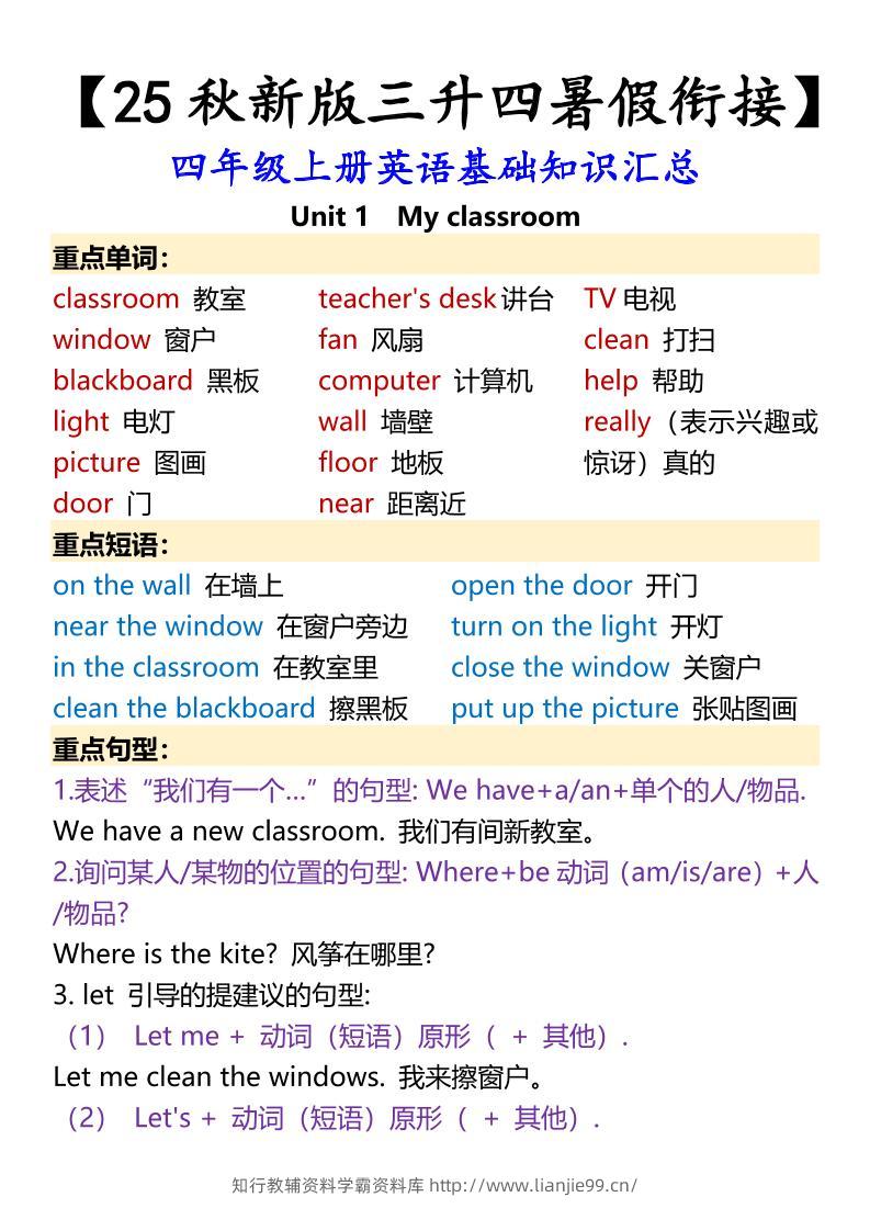 【2025秋新版】四年级上册英语基础知识汇总-学霸资料库学科资源下载