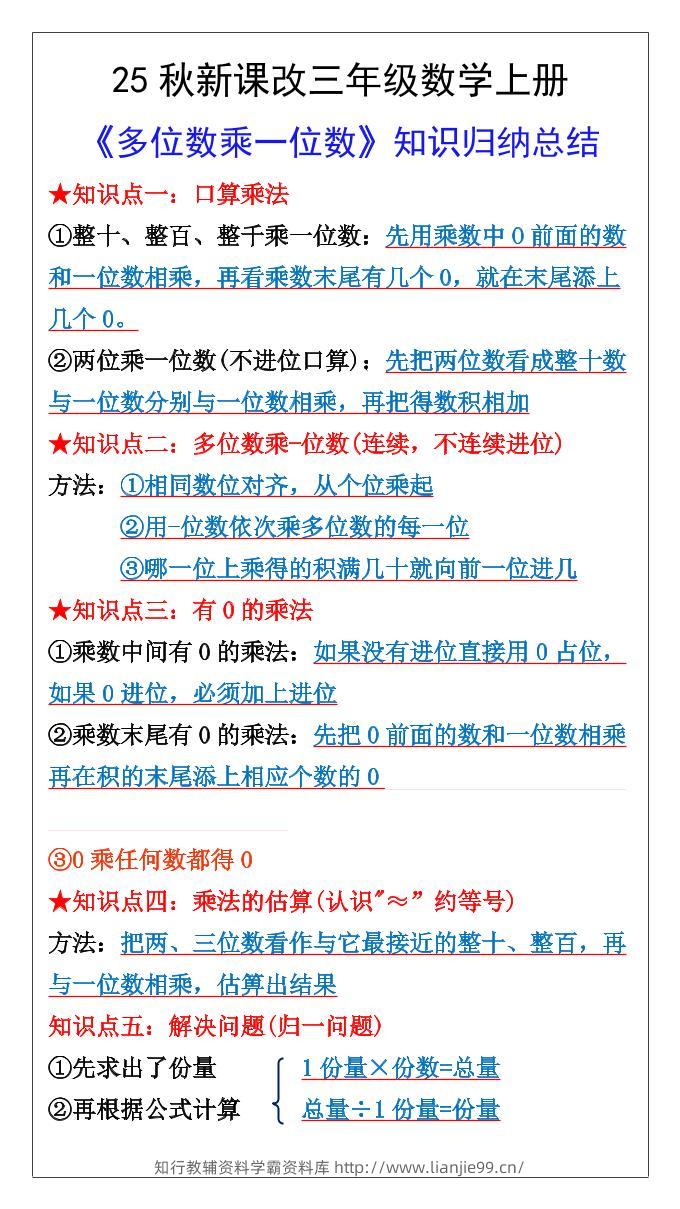 【2025秋新版】三年级数学上册多位数乘一位数知识总结归纳-学霸资料库学科资源下载