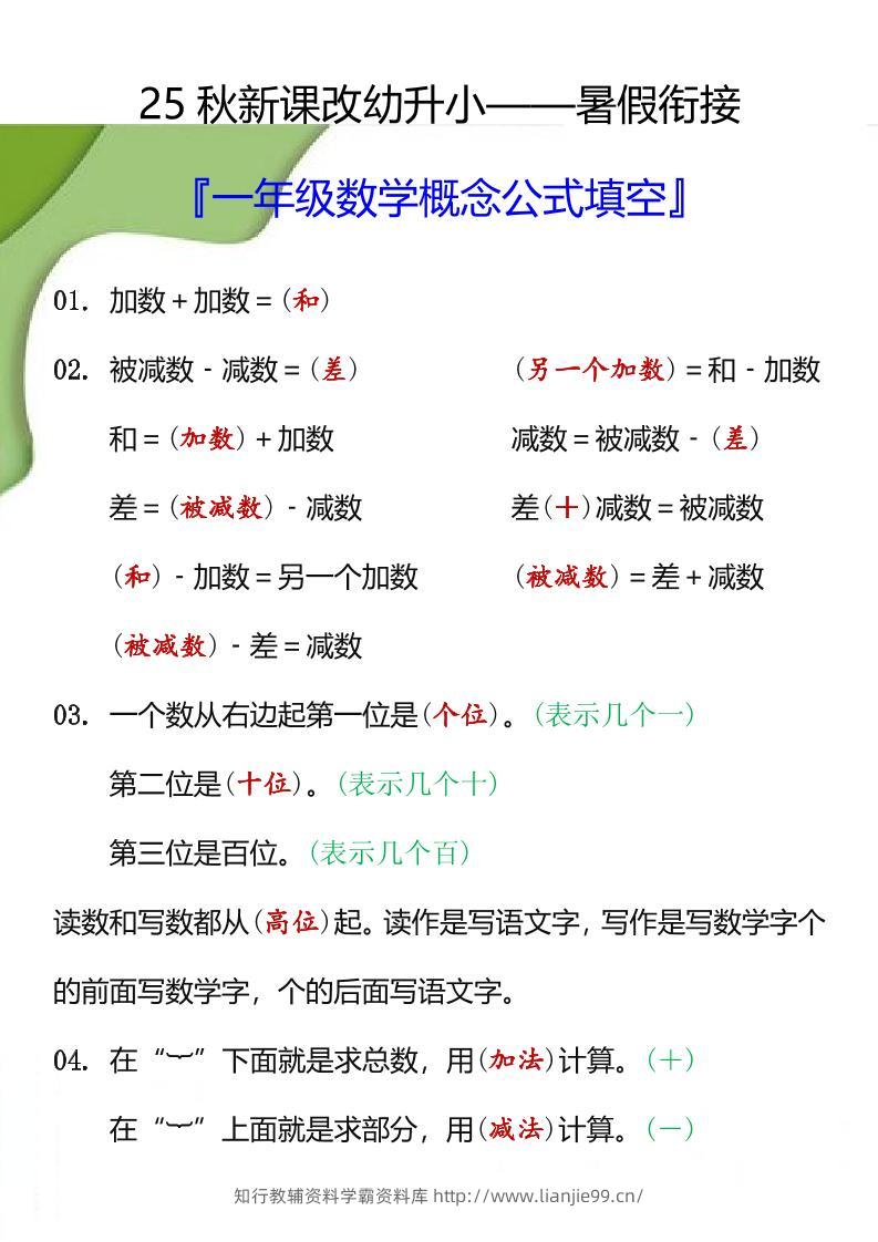 【2025秋新版】一年级数学概念公式填空-一上数学-学霸资料库学科资源下载