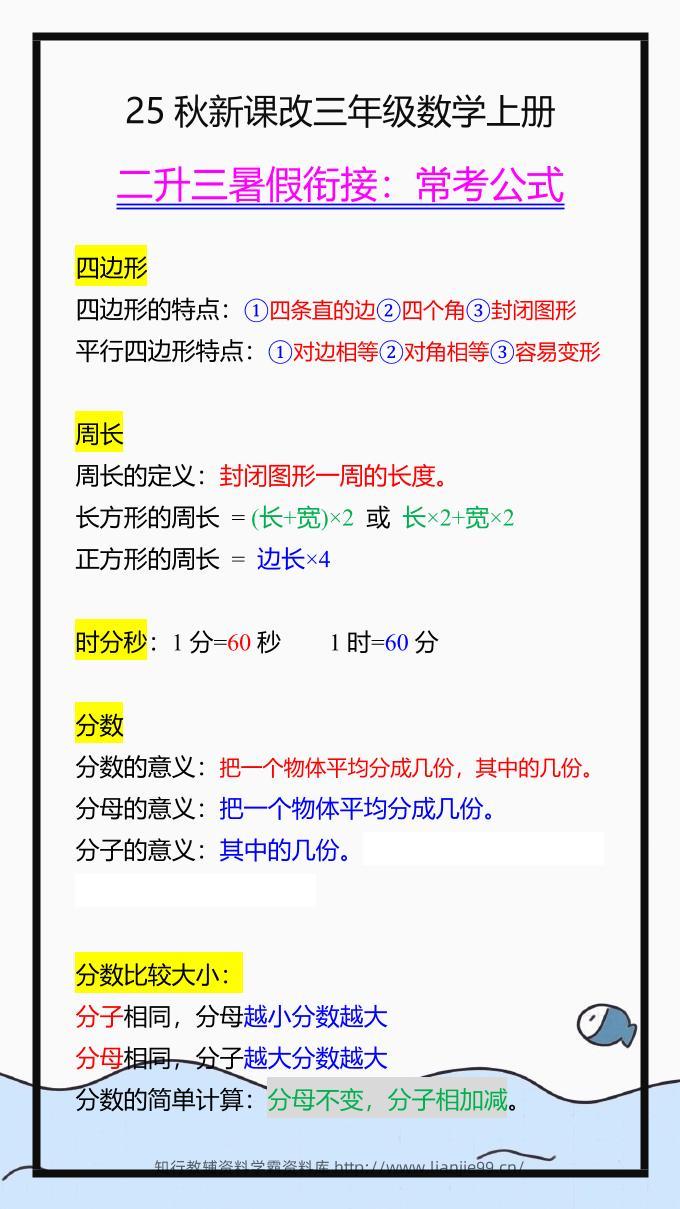 【2025秋新版】三年级数学上册常考公式，暑假衔接背一背！-学霸资料库学科资源下载