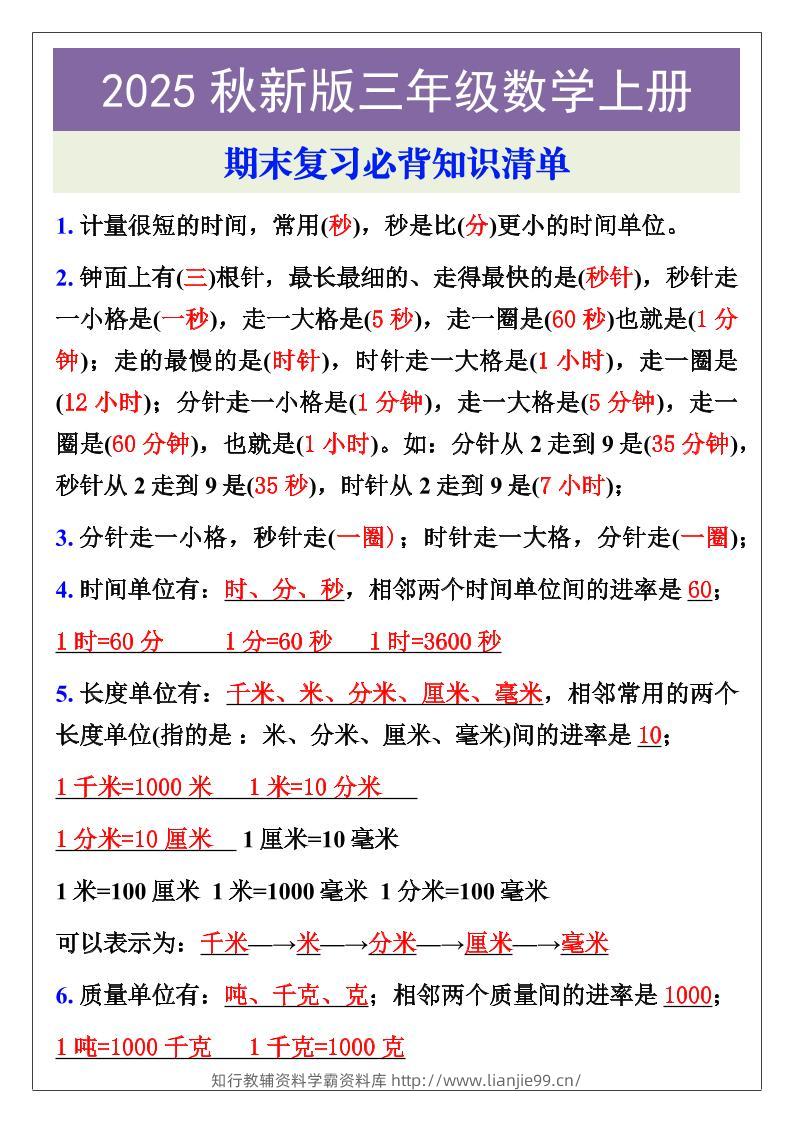 【2025秋新版】三年级数学上册期末复习必背知识清单-学霸资料库学科资源下载