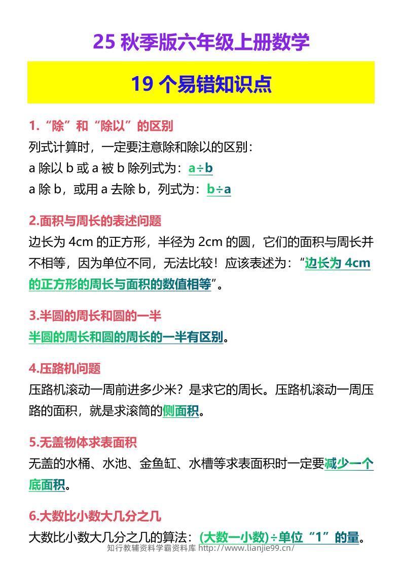 【2025秋新版】六年级上册数学19个易错知识点-学霸资料库学科资源下载