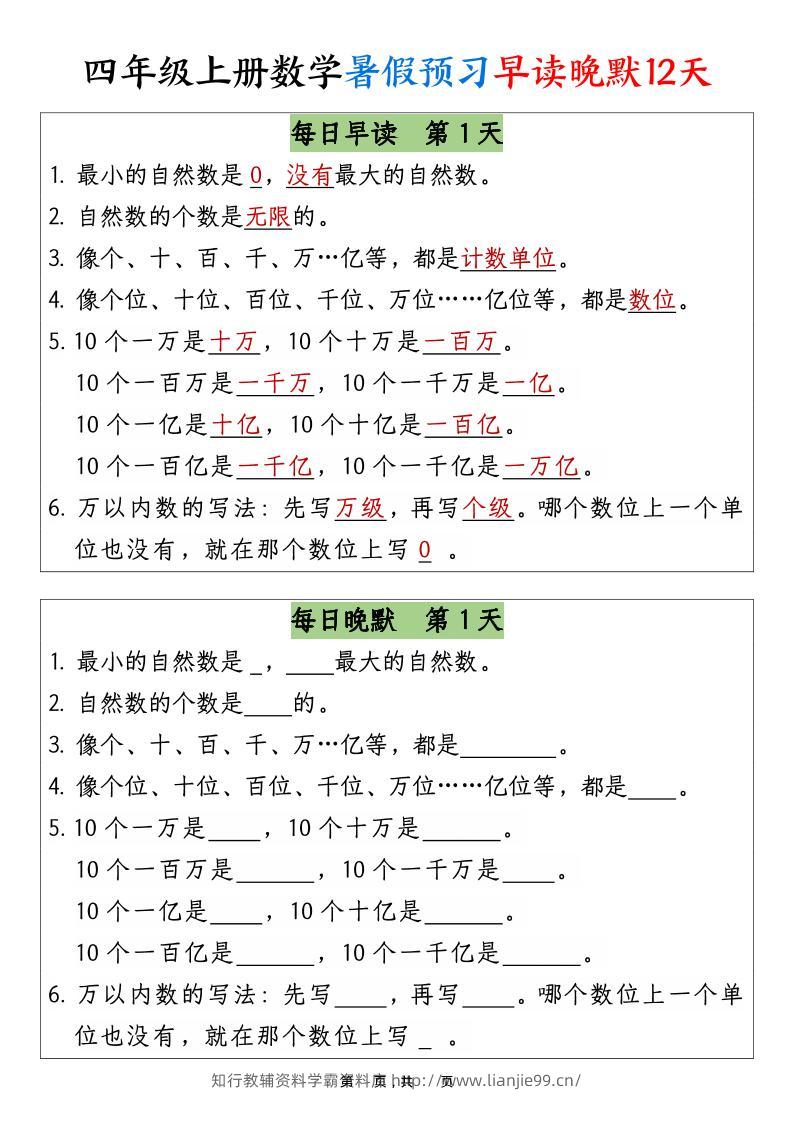 四上数学暑假预习早读晚默12天12页-学霸资料库学科资源下载