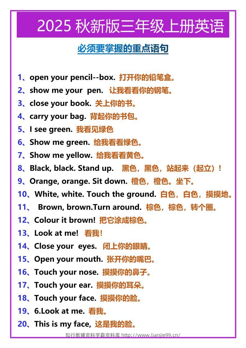 【2025秋新版】三年级上册英语必须要掌握的重点语句-学霸资料库学科资源下载