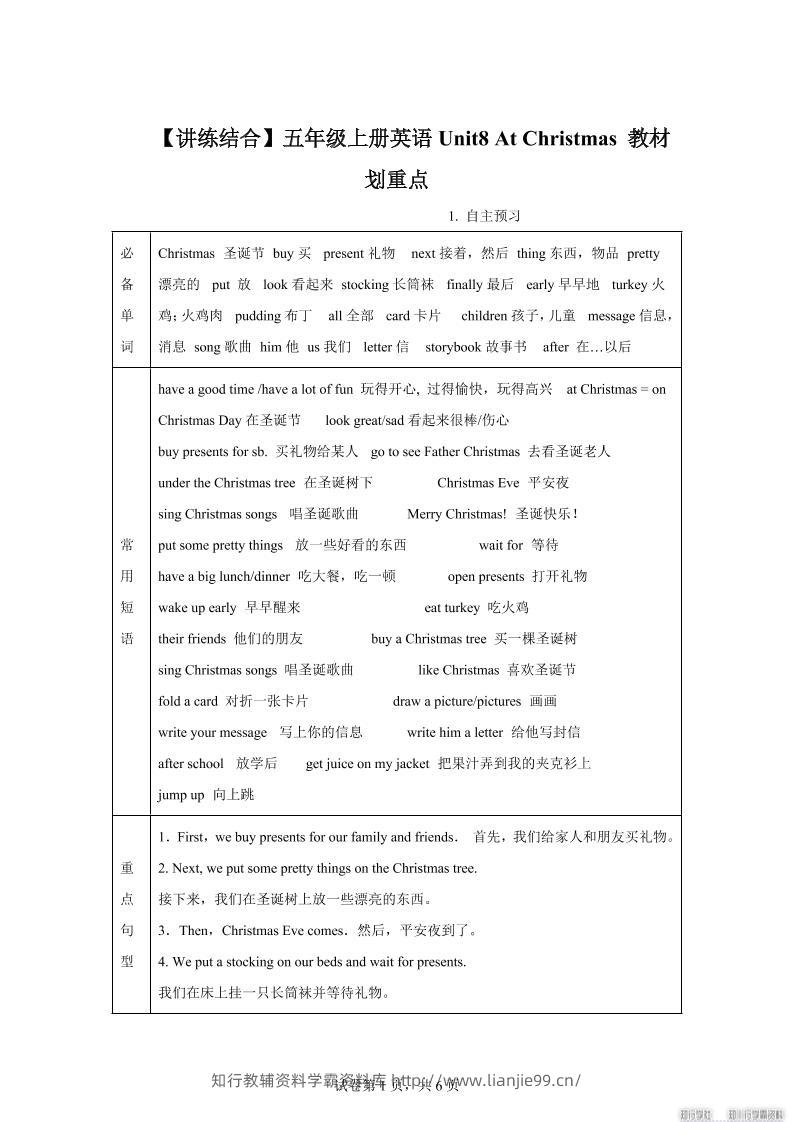 【单元热点难点】译林版（三起）英语五年级上册Unit8AtChristmas教材划重点-学霸资料库学科资源下载