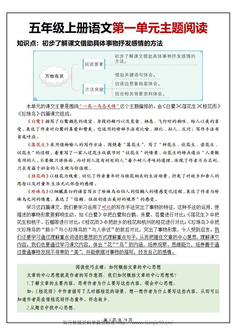 五上语文1-8单元主题阅读理解（含答案79页）-学霸资料库学科资源下载