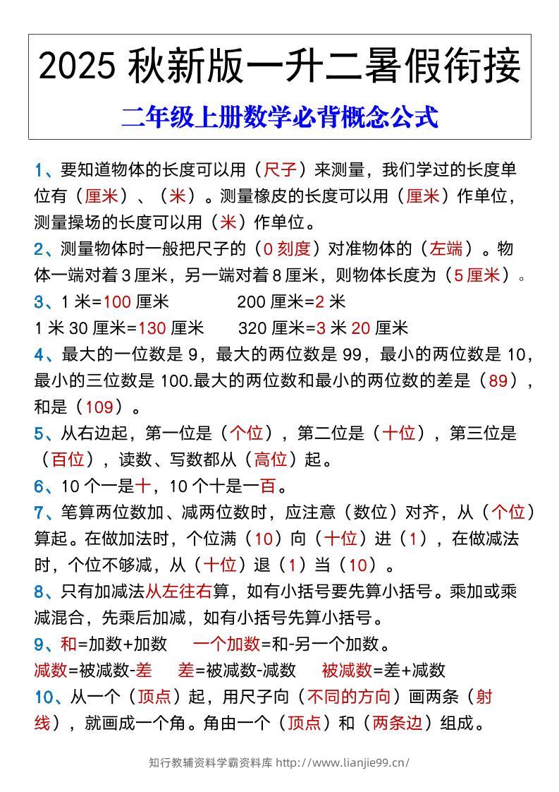 【2025秋新版】二年级上册数学必背概念公式-学霸资料库学科资源下载