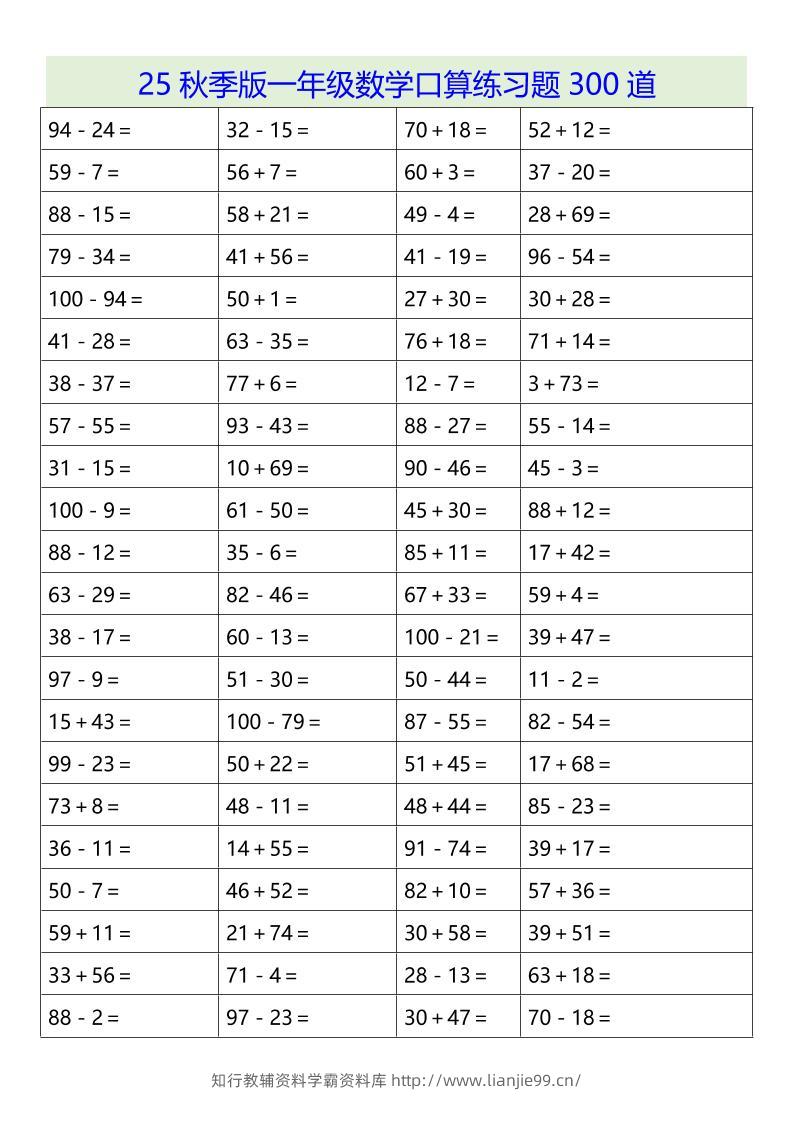 【2025秋新版】一年级数学口算练习题300道-一上数学-学霸资料库学科资源下载