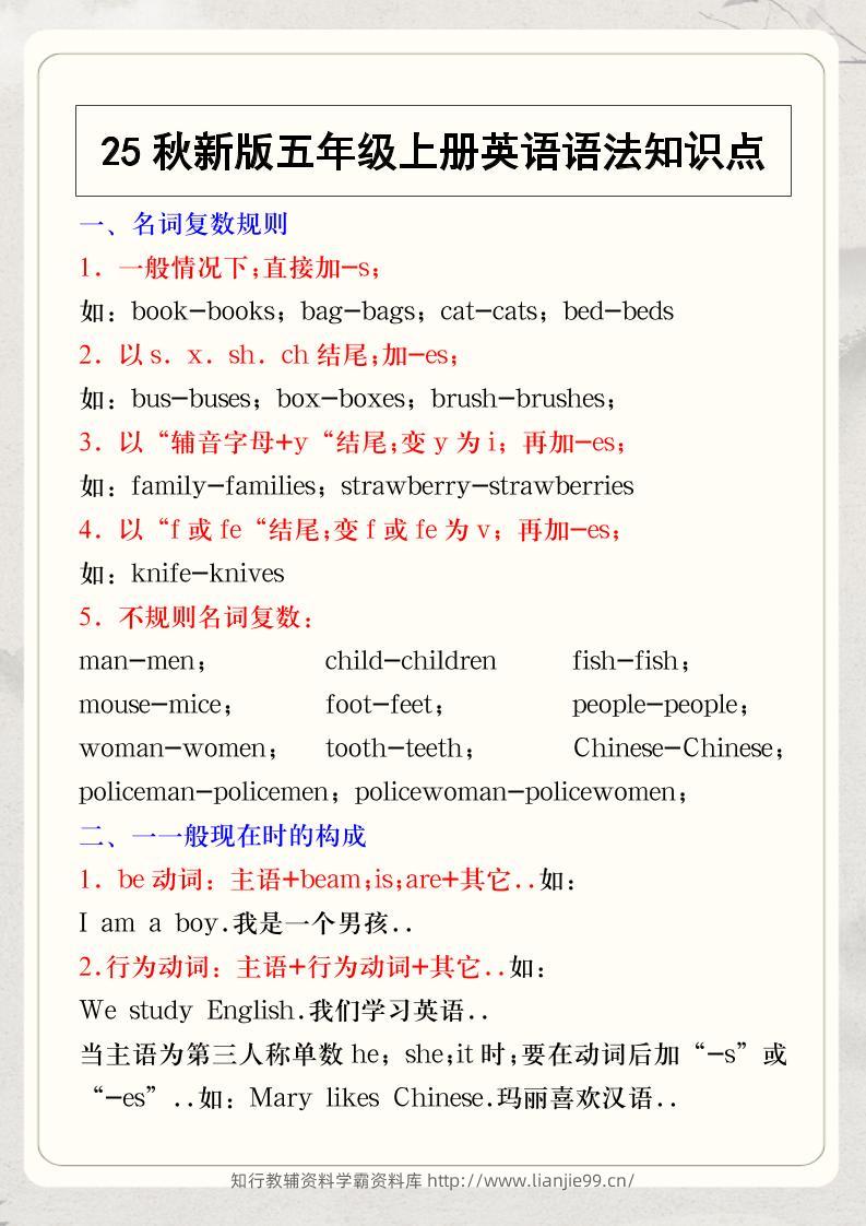 【2025秋新版】五年级上册英语语法知识点-学霸资料库学科资源下载