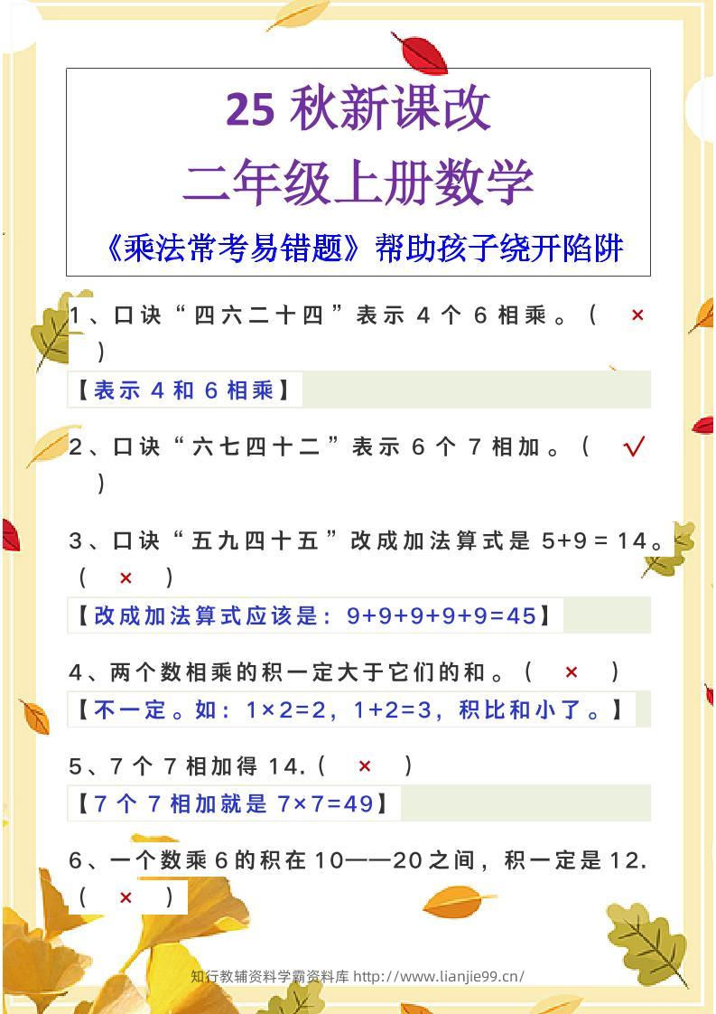 【2025秋新版】二年级上册数学《乘法常考易错题》-学霸资料库学科资源下载