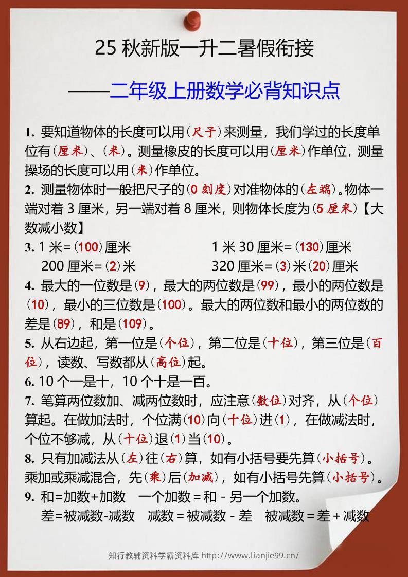 【2025秋新版】一升二年级上册数学必背知识点-学霸资料库学科资源下载
