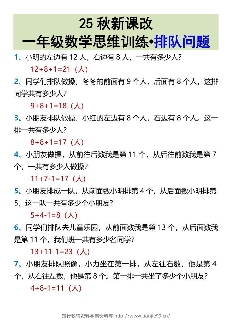 【2025秋新版】一年级数学思维训练•排队问题-一上数学-学霸资料库学科资源下载
