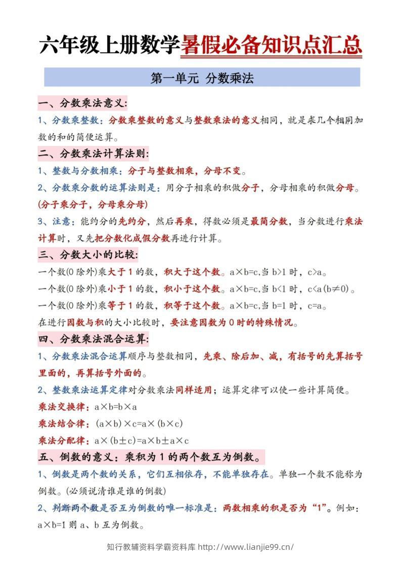 六年级上册数学暑假必备知识点汇总9页-学霸资料库学科资源下载