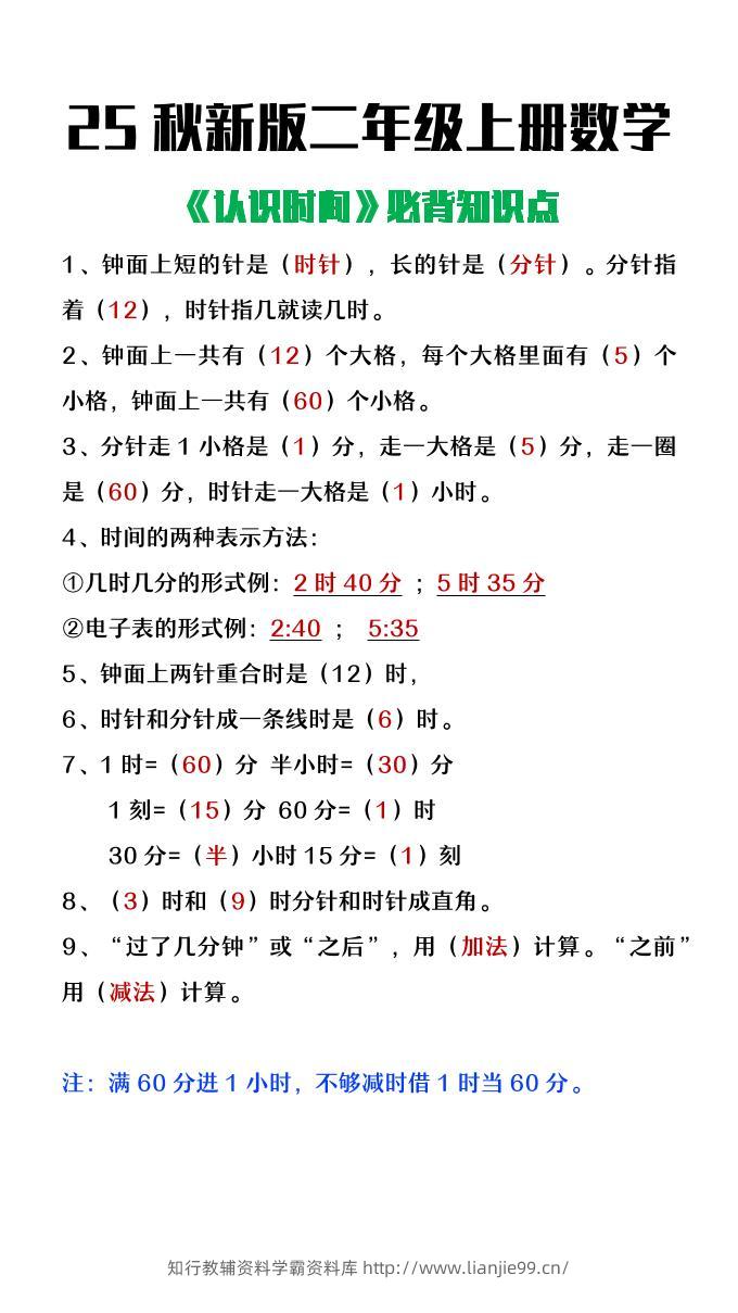 【2025秋新版】二年级上册数学认识时间必背知识点整理-学霸资料库学科资源下载
