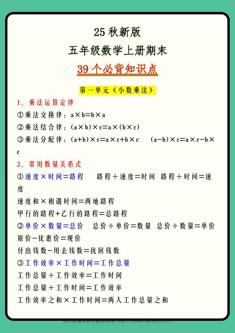 【2025秋新版】五年级数学上册期末39个必背知识点-学霸资料库学科资源下载