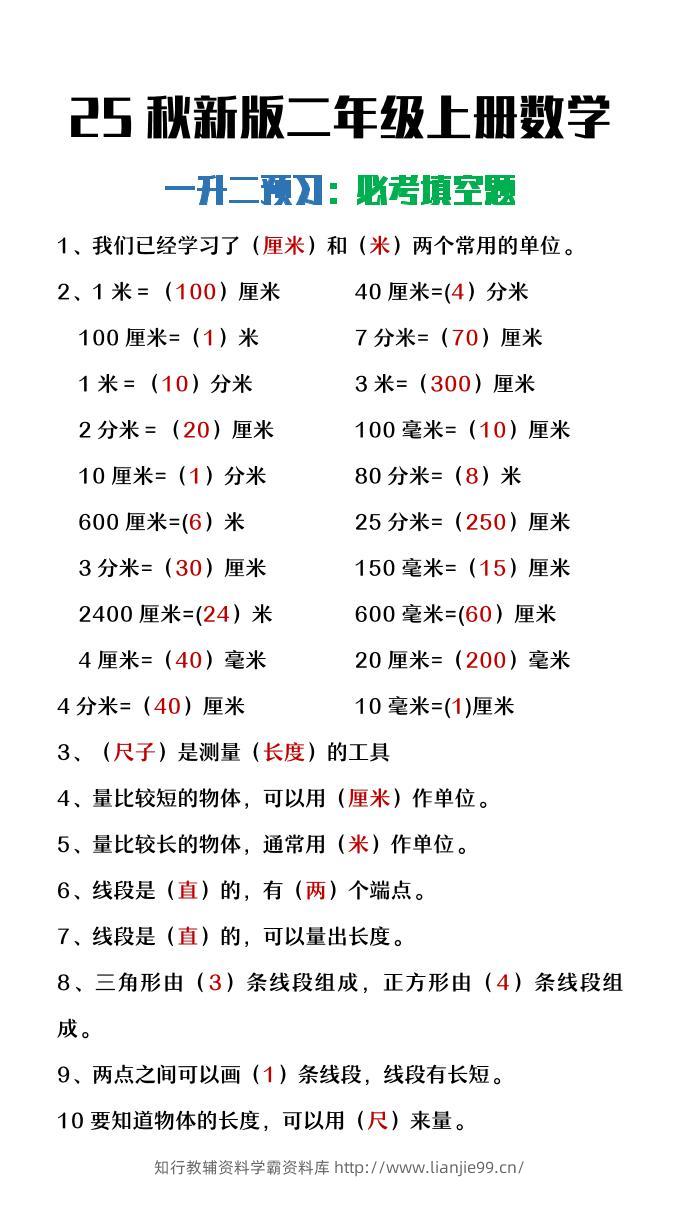 【2025秋新版】二年级上册数学暑假预习必做《重点填空题》-学霸资料库学科资源下载