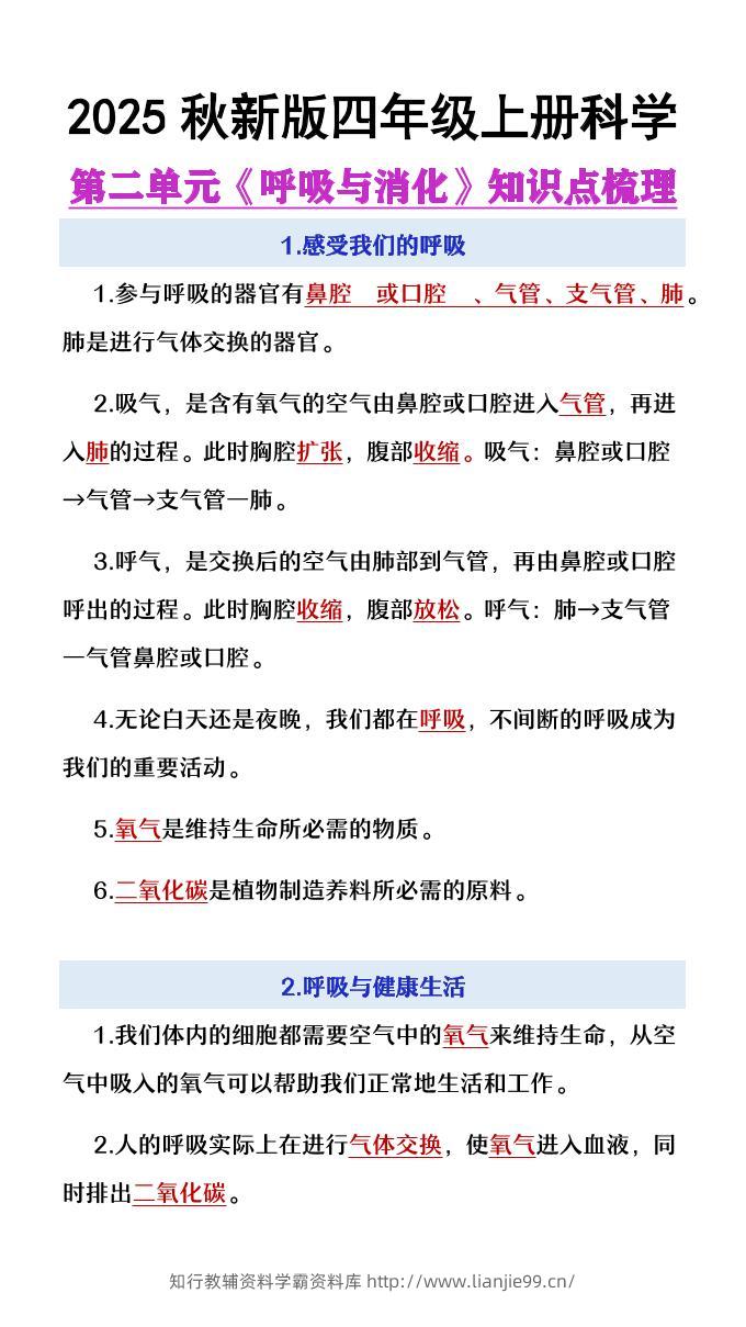 【2025秋新版】四年级上册语文第2单元《呼吸与消化》知识点梳理-学霸资料库学科资源下载