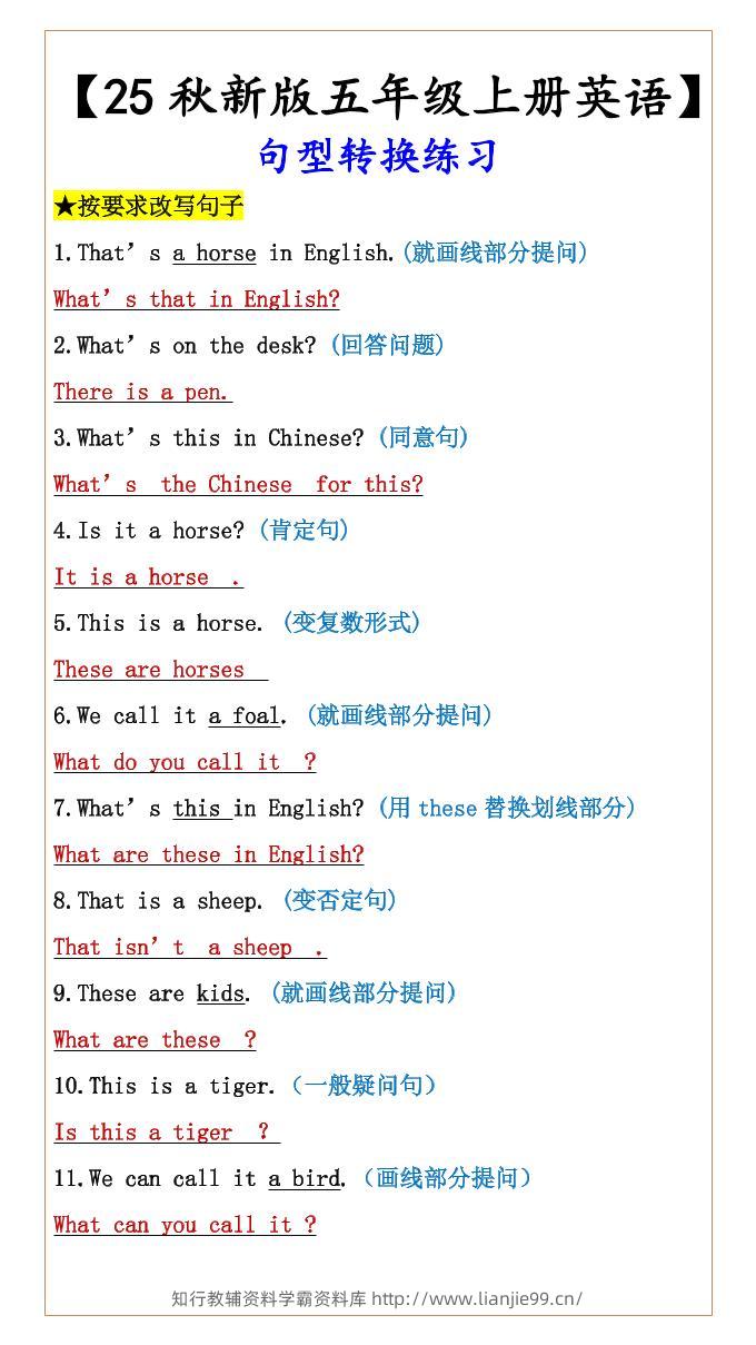 【2025秋新版】五年级上册英语句型转换练习-学霸资料库学科资源下载
