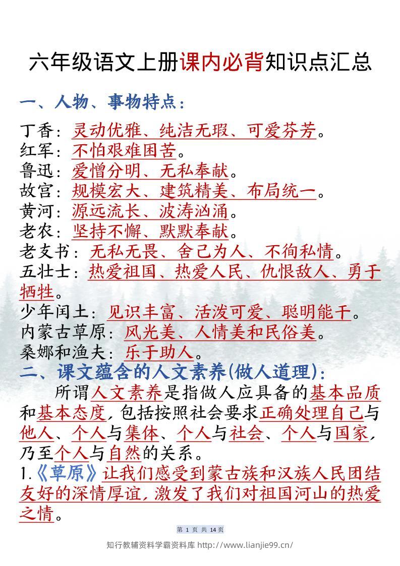 六上语文课内必背知识点汇总（共14页）-学霸资料库学科资源下载