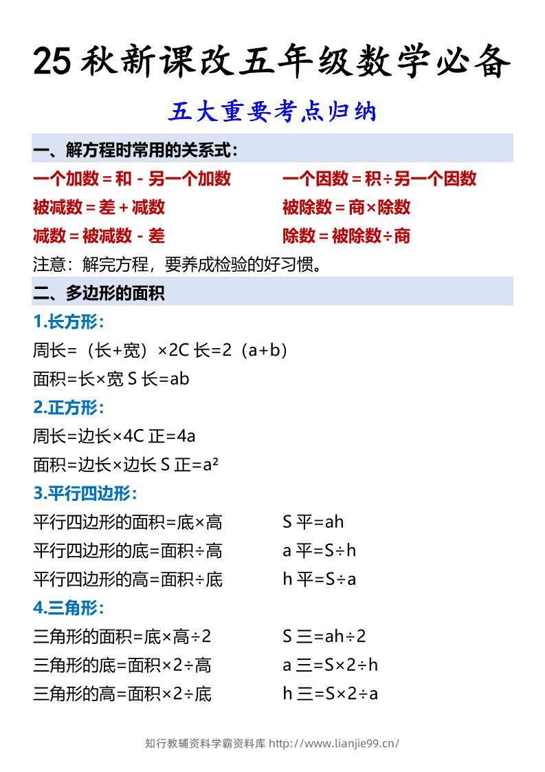 【2025秋新版】五年级数学必备五大重要考点归纳-五上数学-学霸资料库学科资源下载