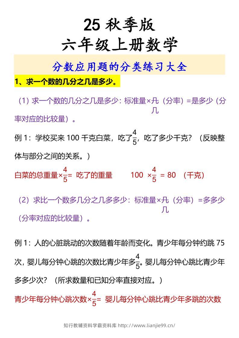 【2025秋新版】六年级上册数学分数应用题的分类练习大全-学霸资料库学科资源下载