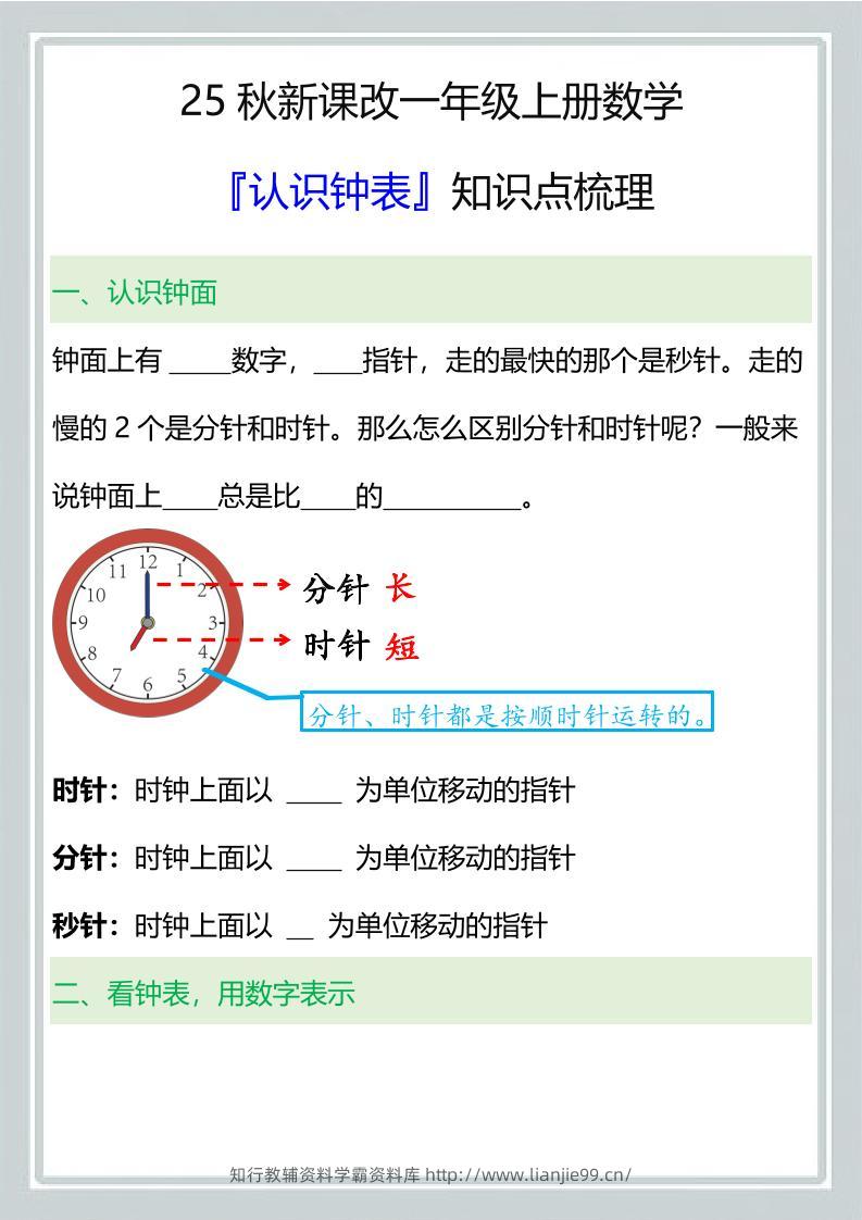 【2025秋新版】一年级上册数学『认识钟表』知识点梳理-学霸资料库学科资源下载