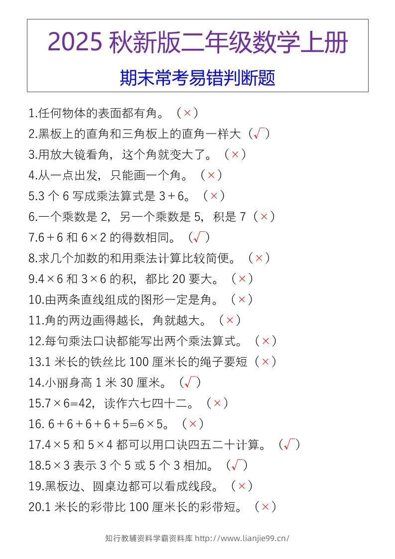 【2025秋新版】二年级数学上册期末常考易错判断题-学霸资料库学科资源下载