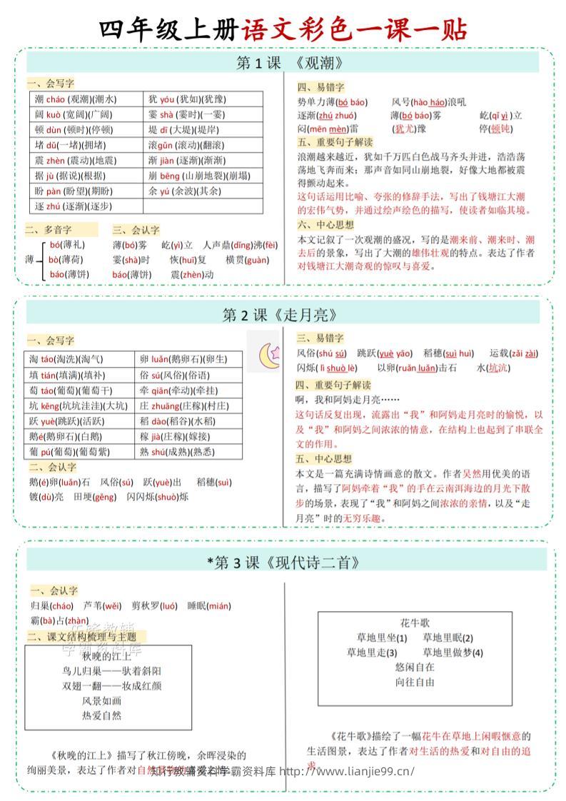 四年级上语文彩色一课一贴-学霸资料库学科资源下载
