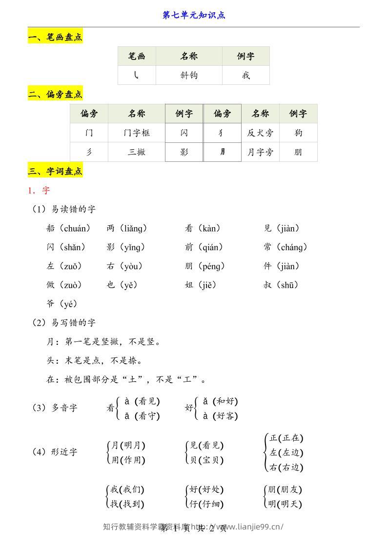 第7单元（知识点）一上语文-学霸资料库学科资源下载