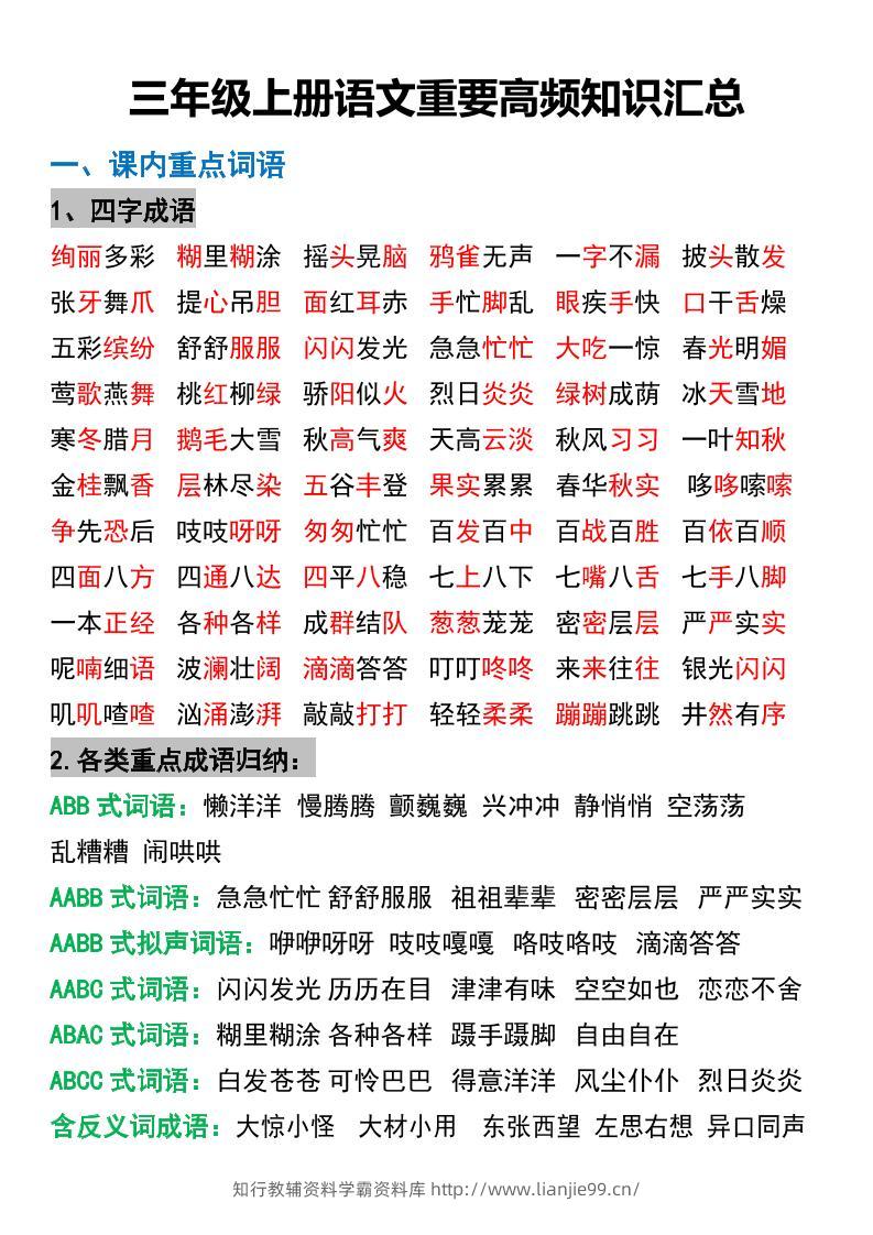 三年级上册语文重要高频知识汇总-学霸资料库学科资源下载
