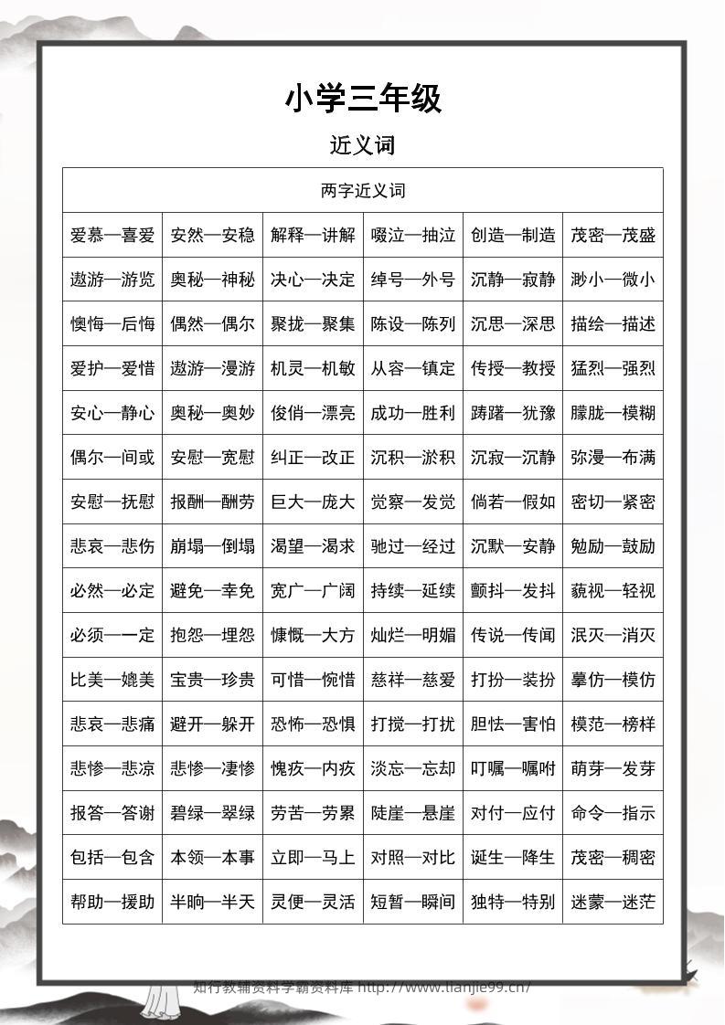 三上语文近义词和反义词汇总-学霸资料库学科资源下载