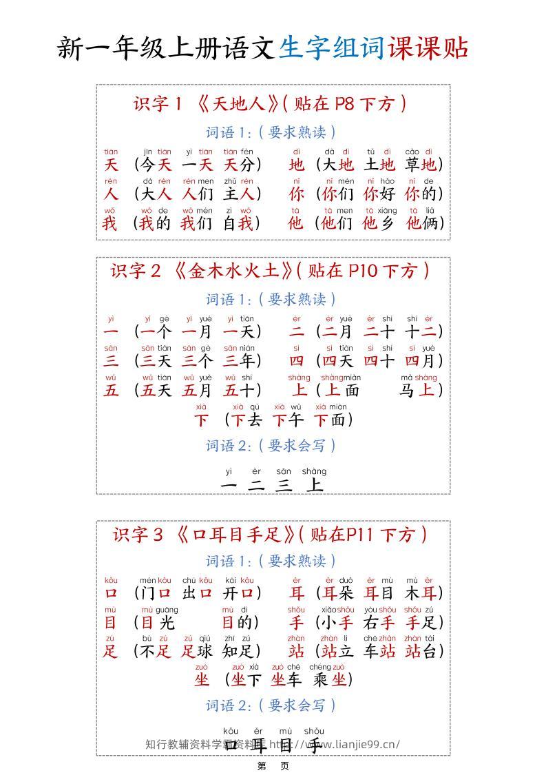 新一上语文生字组词课课贴15页-学霸资料库学科资源下载