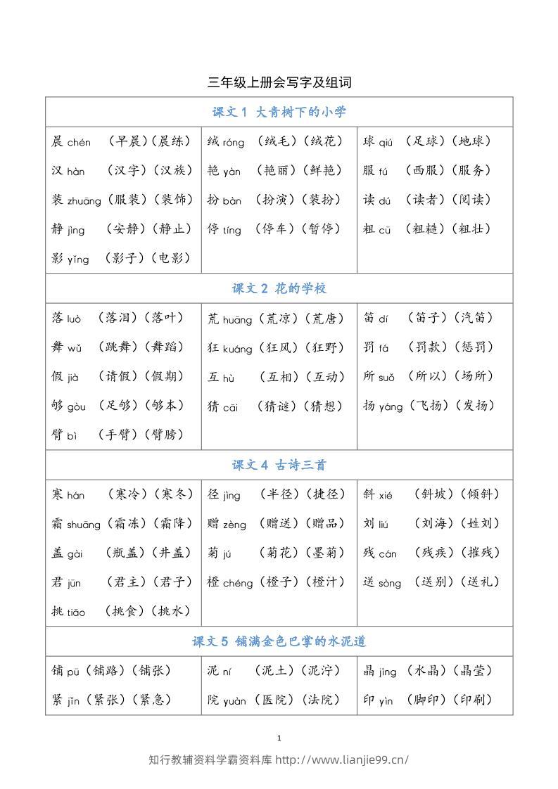 三上语文-写字表生字组词-学霸资料库学科资源下载