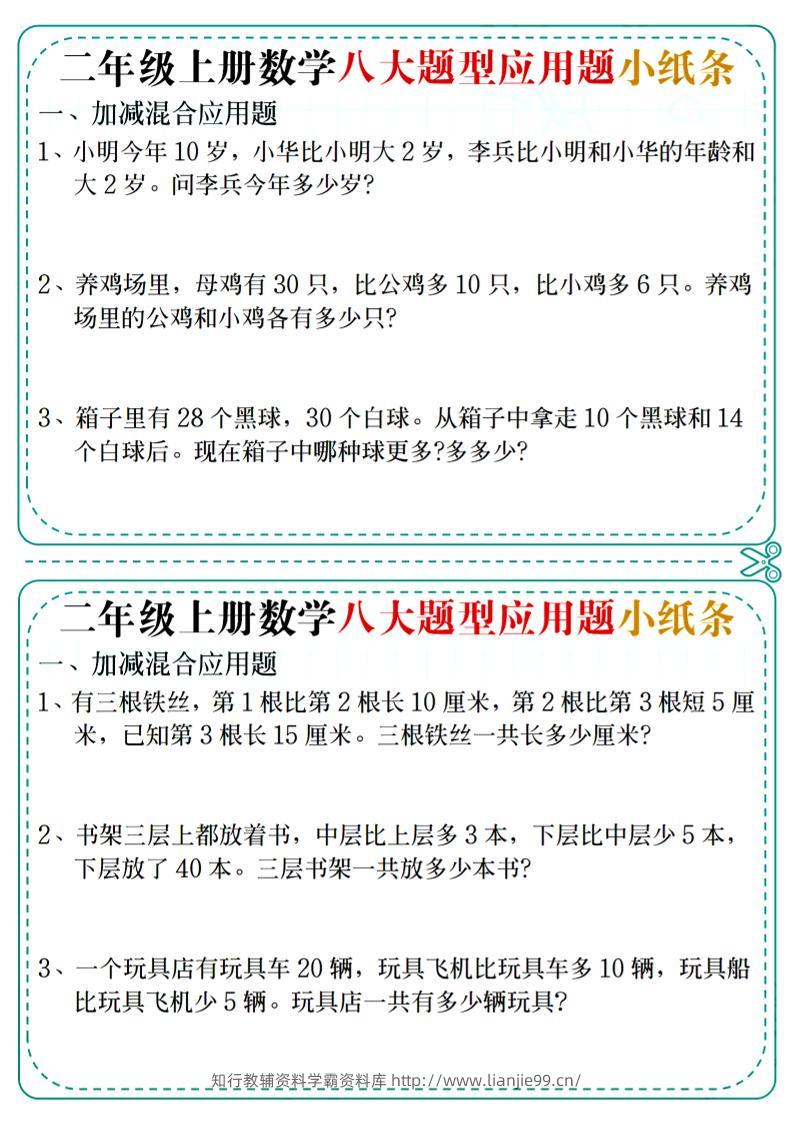二年级上数学八大题型应用题小纸条-学霸资料库学科资源下载