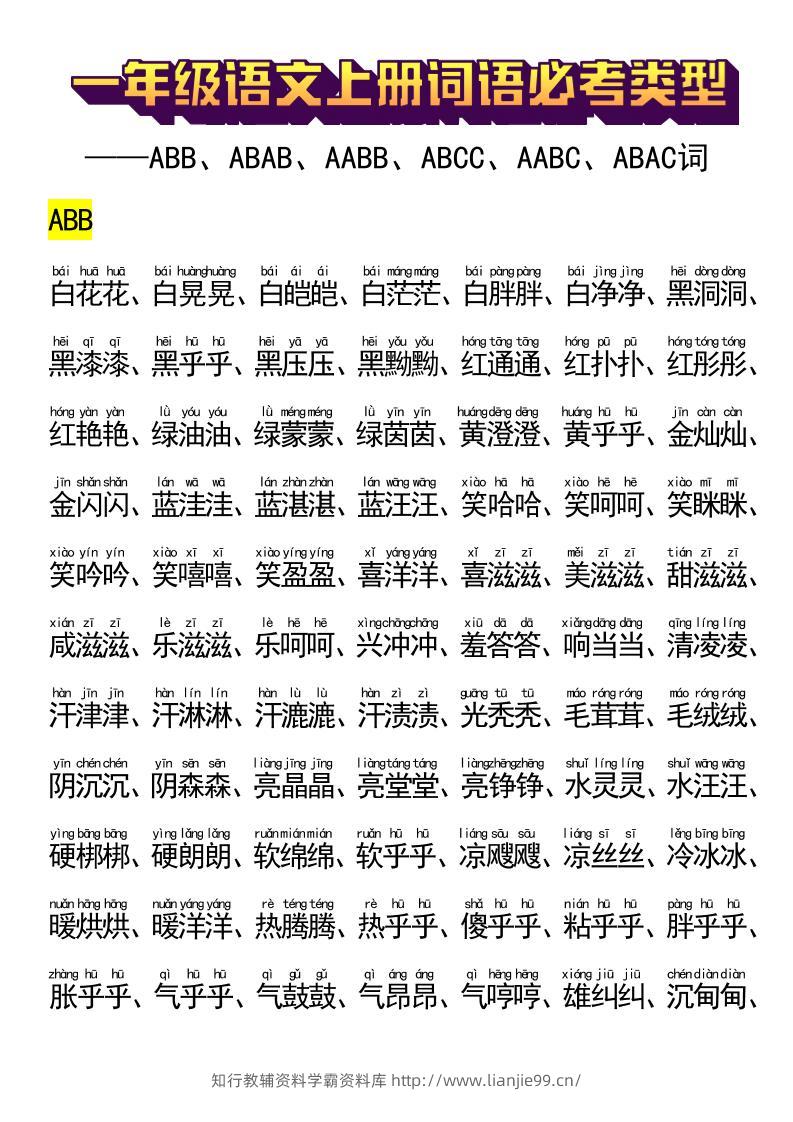 一年级语文上册词语必考类型-学霸资料库学科资源下载