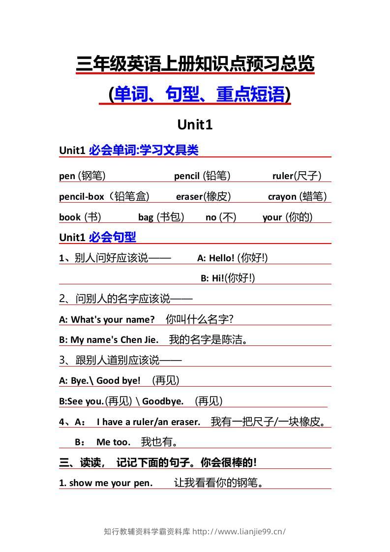 三年级上册英语必背知识点-学霸资料库学科资源下载