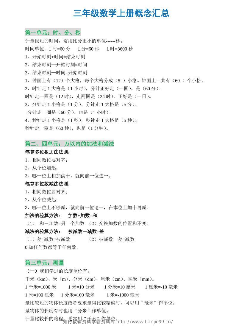 三年级数学上册概念全集-学霸资料库学科资源下载