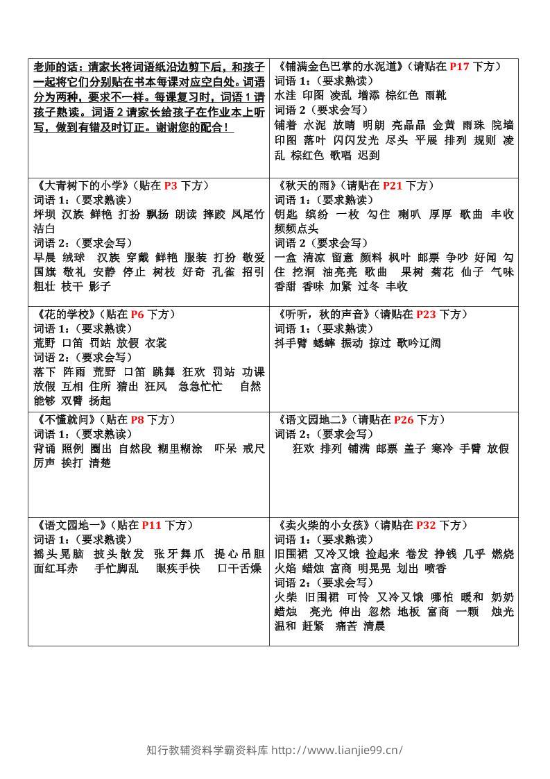 三上语文-认读词语书贴-学霸资料库学科资源下载