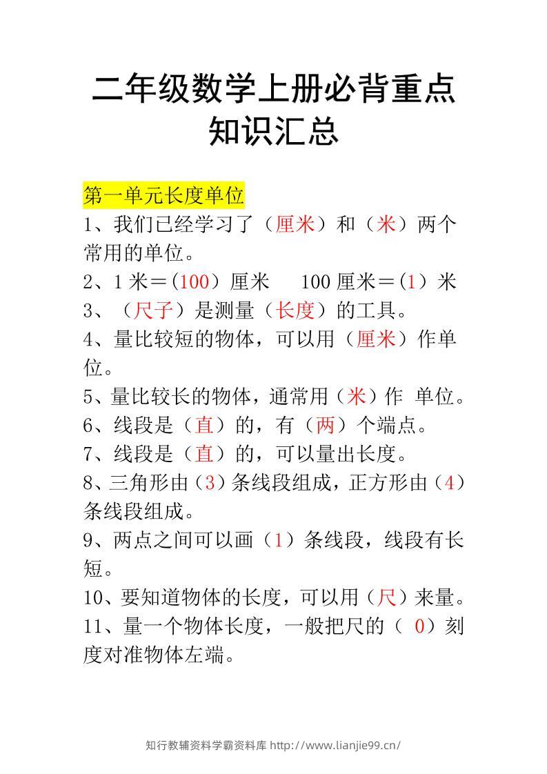 二年级上册数学必背知识汇总-学霸资料库学科资源下载