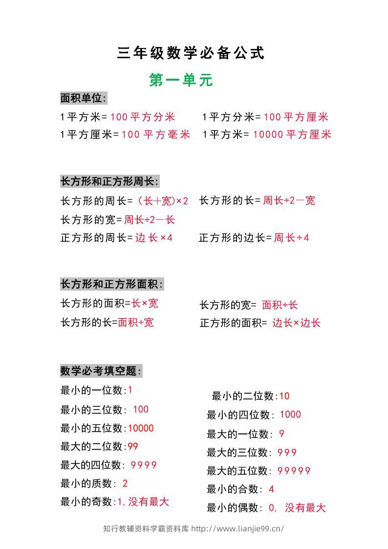 三年级数学上册必背公式-学霸资料库学科资源下载