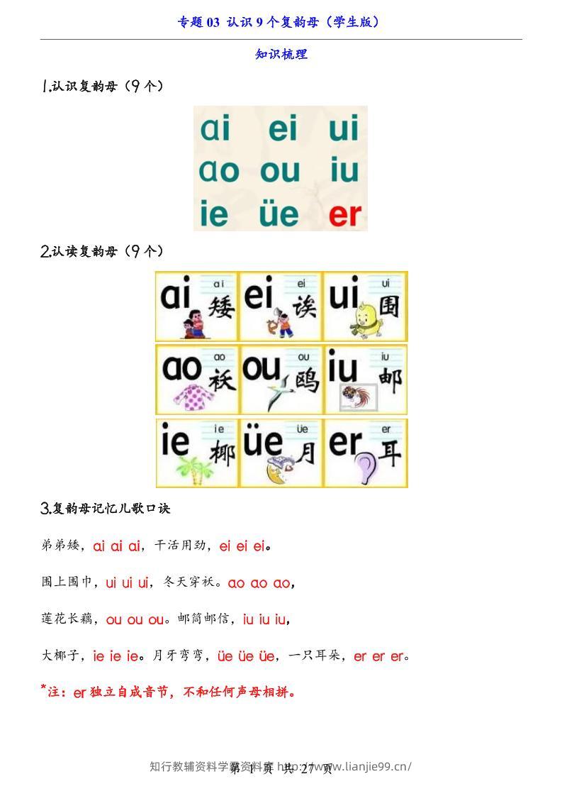 一上语文-专题03认识9个复韵母（知识+训练）-学霸资料库学科资源下载