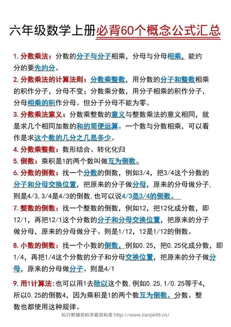 【60个必背考点】六年级数学上册-学霸资料库学科资源下载