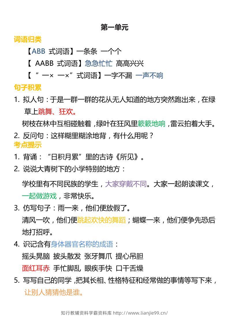 三上语文-词语归类积累课文佳句汇总-学霸资料库学科资源下载